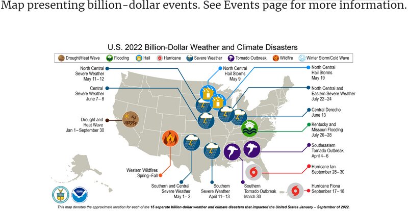 2022年に発生した経済損失額10億ドルを超える気象災害 (9月時点)、出典はNOAAとアメリカ合衆国商務省