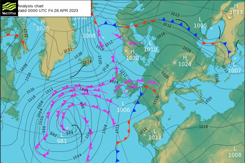 28日の予想地上天気図 (出典: イギリス気象庁)