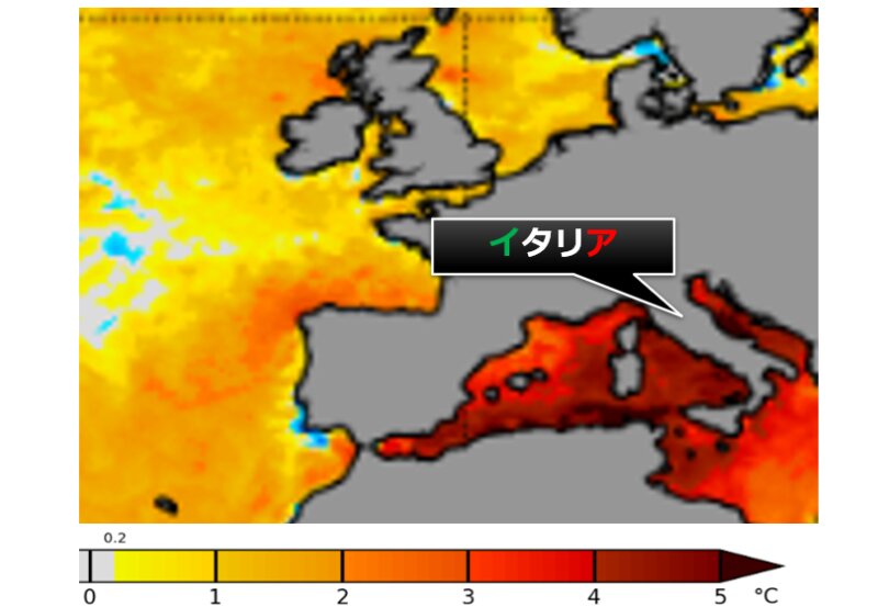 20日時点のヨーロッパ周辺の海水温の平年差。地中海は真っ赤っか。 (NOAAの画像に筆者加筆)