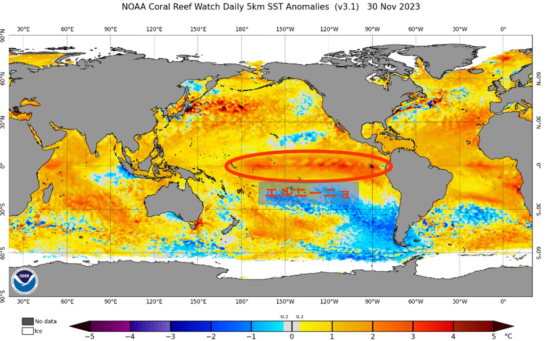 11月30日の海面水温の平年差 (NOAA出典の図に筆者加筆)