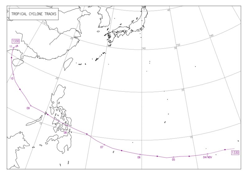 平成25年（2013年）台風30号の経路図（出典=気象庁ホームページ）