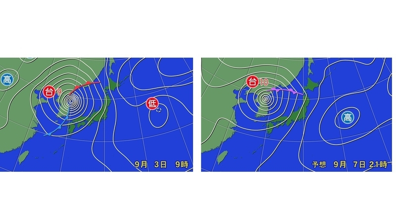 左：9月3日の天気図　右：9月7日の予想図（ウェザーマップ提供）