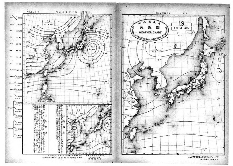 右側　大正5年11月19日朝6時の天気図　東京は霧のマークが出ていることが分かる（出典　天気図. 大正5年11月）