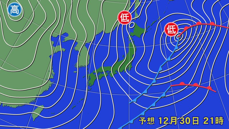 ３０日夜９時の予想天気図　等圧線が日本列島に５本以上かかると強い冬型　提供　ウェザーマップ