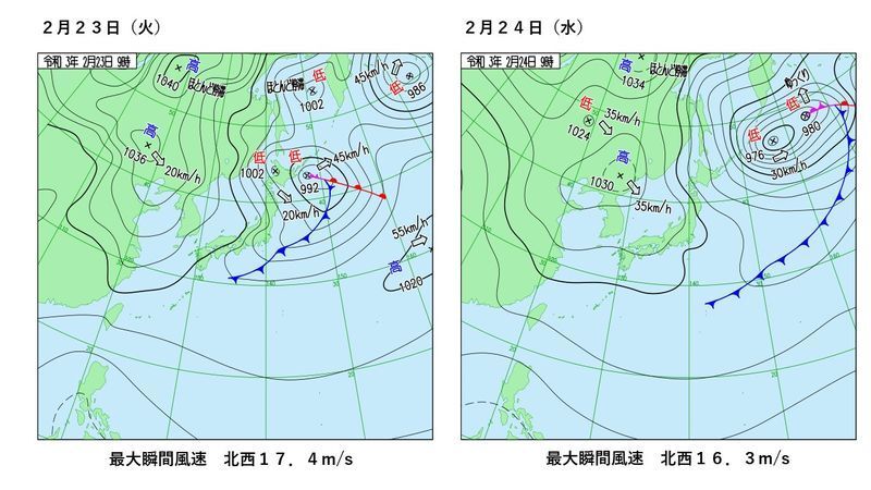 栃木県佐野市（足利市に最も近い風速観測地点）の最大瞬間風速と天気図　出典　気象庁（スタッフ作成）