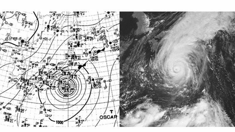 1995年台風12号の天気図と雲の様子（出典：デジタル台風）