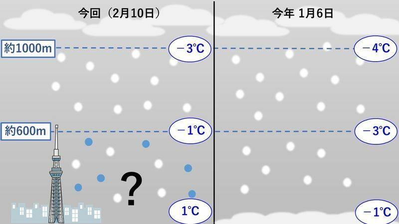1月6日と2月10日（予想）の上空の気温の違い　（スタッフ作成）