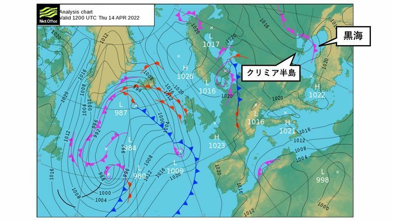 4月14日00時（世界標準時）におけるヨーロッパの天気図（出典　イギリス気象庁　スタッフ加工）