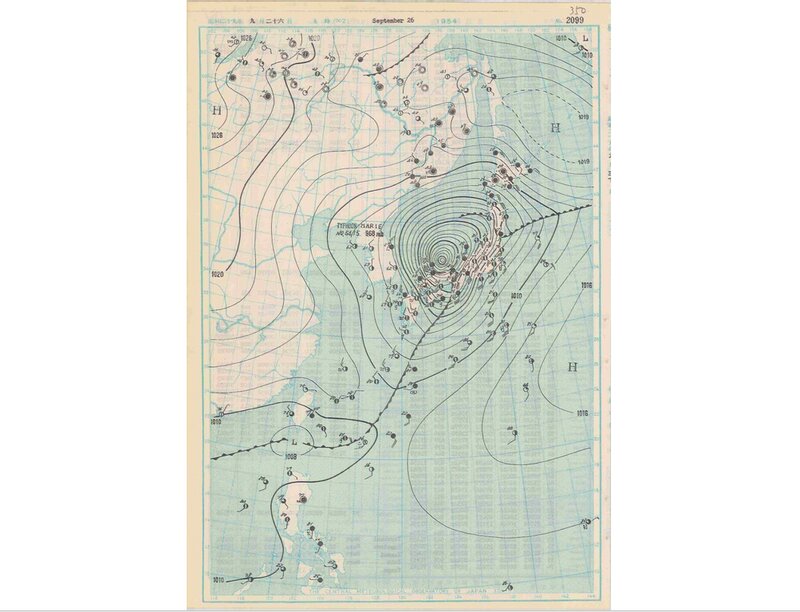 1954年9月26日洞爺丸台風襲来時の天気図　出典：デジタル台風