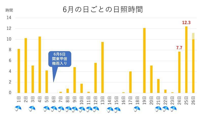 6月の日別日照時間 降水のあった日に雨マーク スタッフ作成