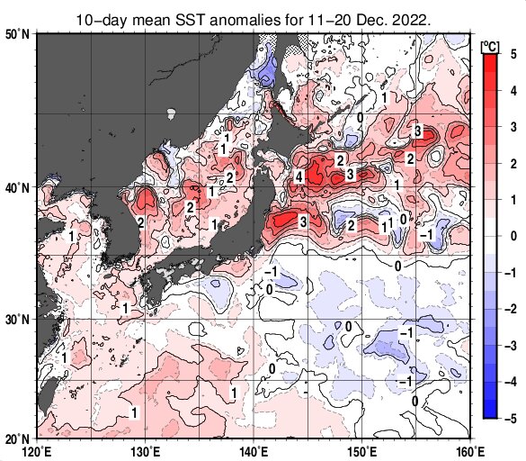 今年12月中旬の海水温の平年偏差　出典：ウェザーマップ