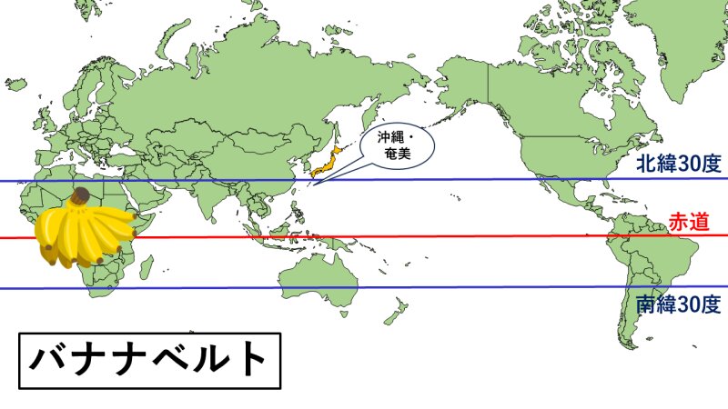 バナナベルトの模式図　赤道を挟んで北緯30度から南緯30度がバナナの生産地　（スタッフ作成）