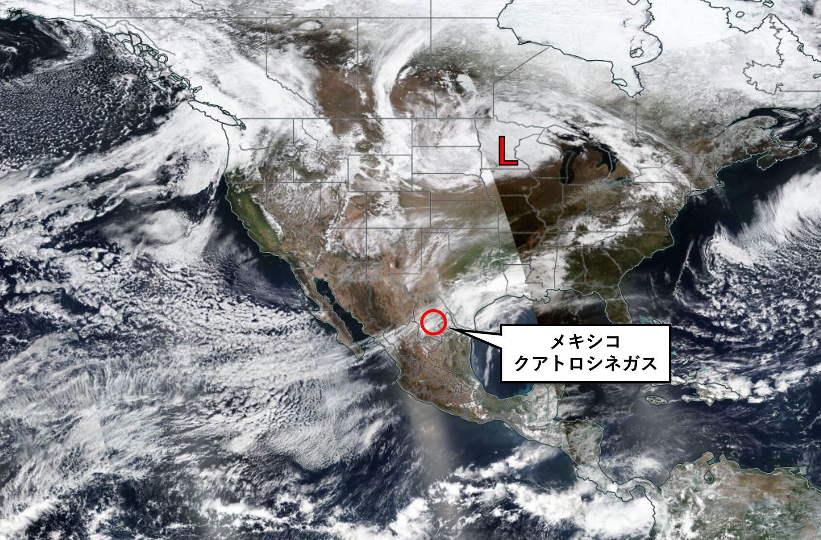 現地時間8日の衛星画像　Ｌは低気圧（出典NASA　スタッフ加工）