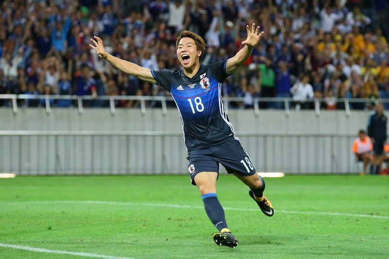 2017年8月のオーストラリア戦で先制弾を挙げた浅野(写真:YUTAKA/アフロスポーツ)