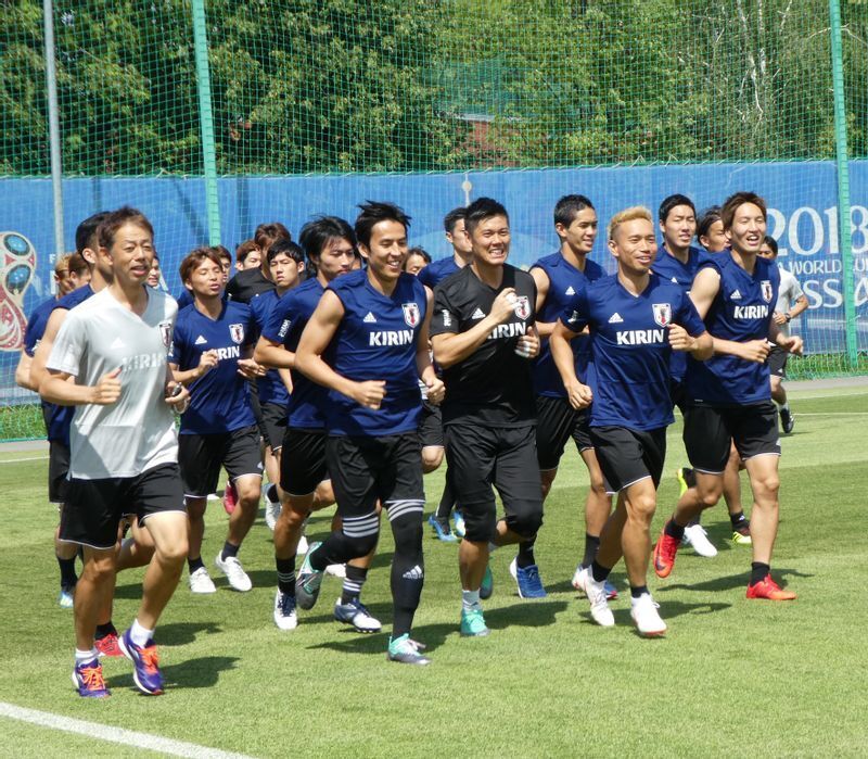 ロシアW杯の練習時に先頭を走る長谷部（筆者撮影）