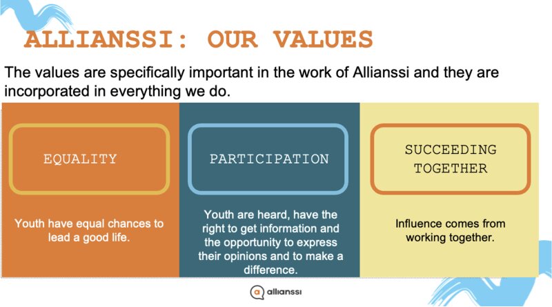 フィンランド若者協議会「Allianssi」のバリュー。影響力がキーワードに入っている。