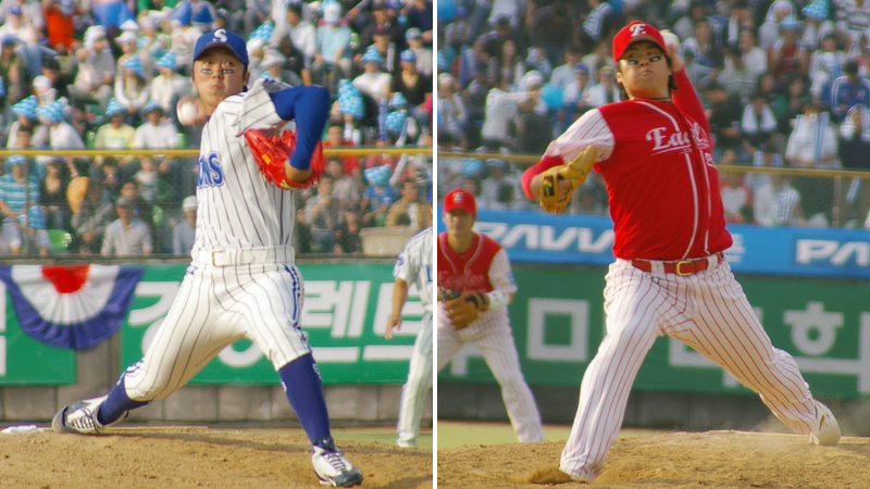 2006年、韓国シリーズで投げ合ったペ・ヨンス（左）とリュ・ヒョンジン（写真：ストライク・ゾーン）
