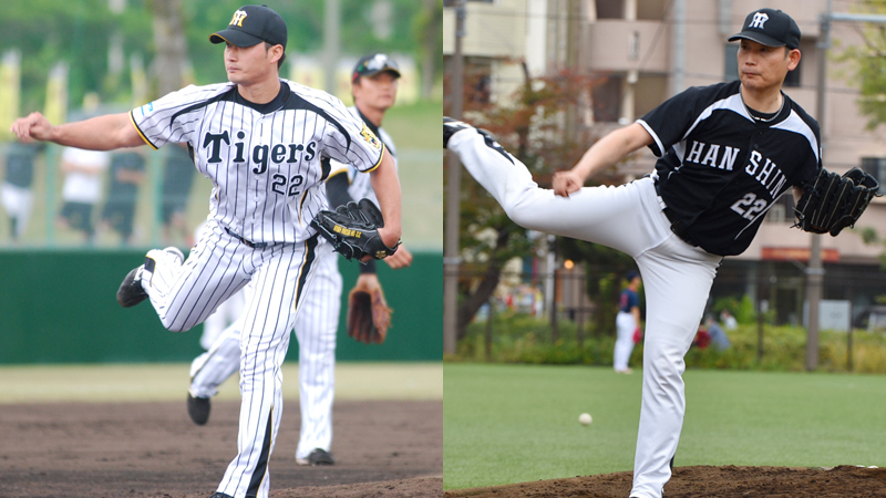 投球後の足の角度も本人さながらだ。左は2014年の沖縄・宜野座キャンプでの練習試合（写真：ストライク・ゾーン）