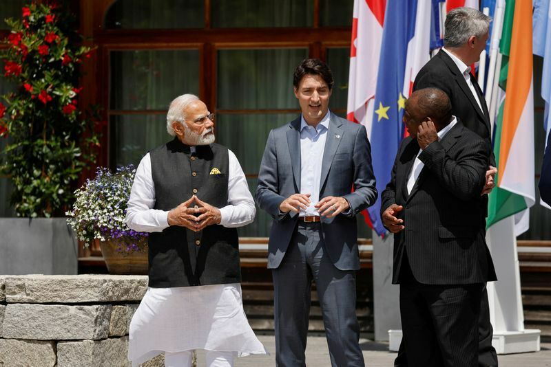 ドイツで開催されたG7サミットに出席したラマポーザ大統領、カナダのトルドー首相、インドのモディ首相（2022.6.27）。インドもロシア制裁に加わっていない。