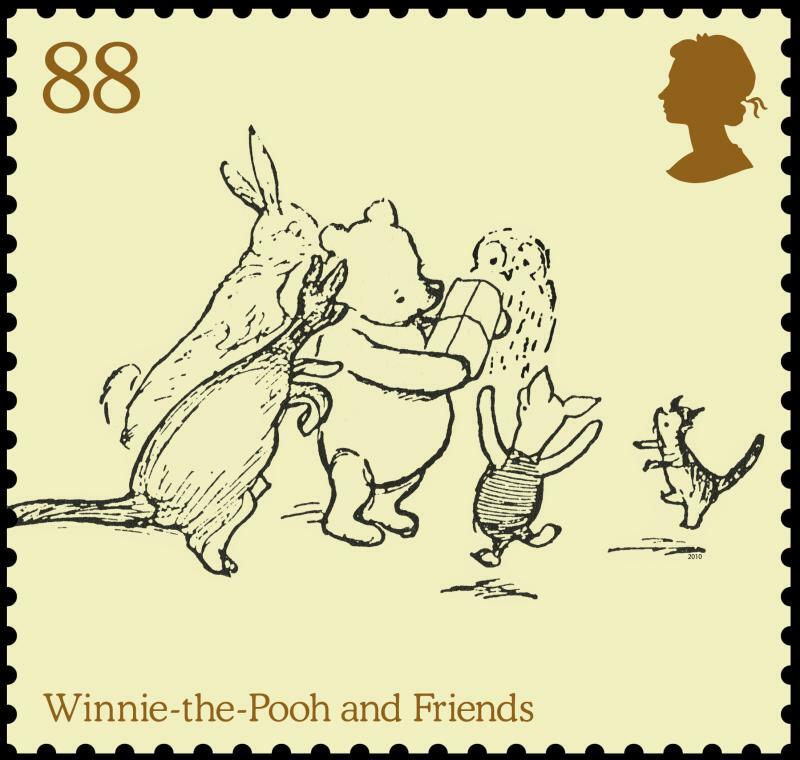 母国イギリスで発行されたプーさんの切手（2010.10.11）。1926年の発表以来、プーさんは世界中の子どもに愛されてきた。