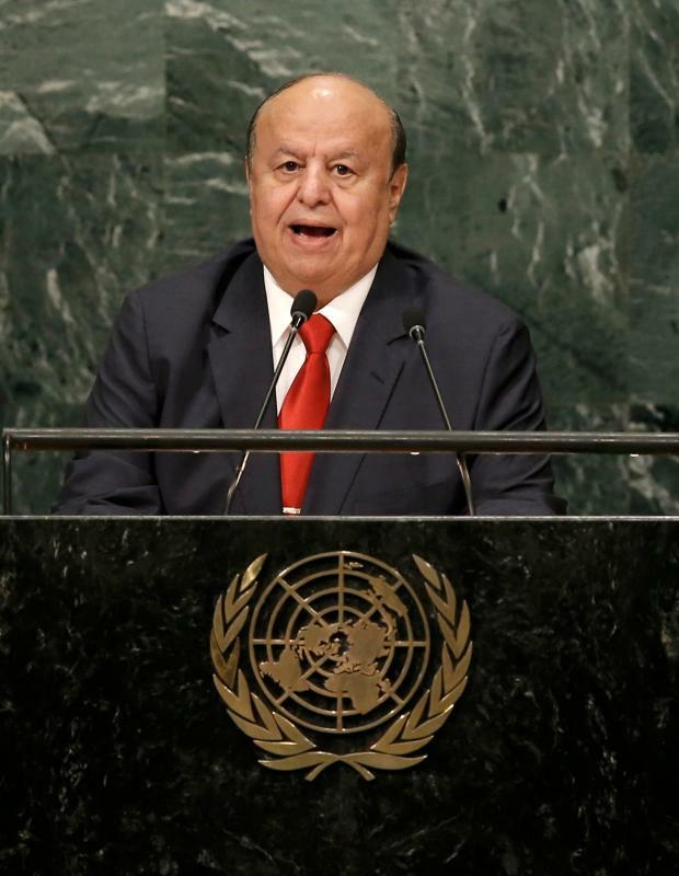 国連総会で演説するハディ（2016.9.23）。亡命し、実権をほとんど失った後も、アメリカとサウジに支持されるハディはイエメン大統領として認知された。