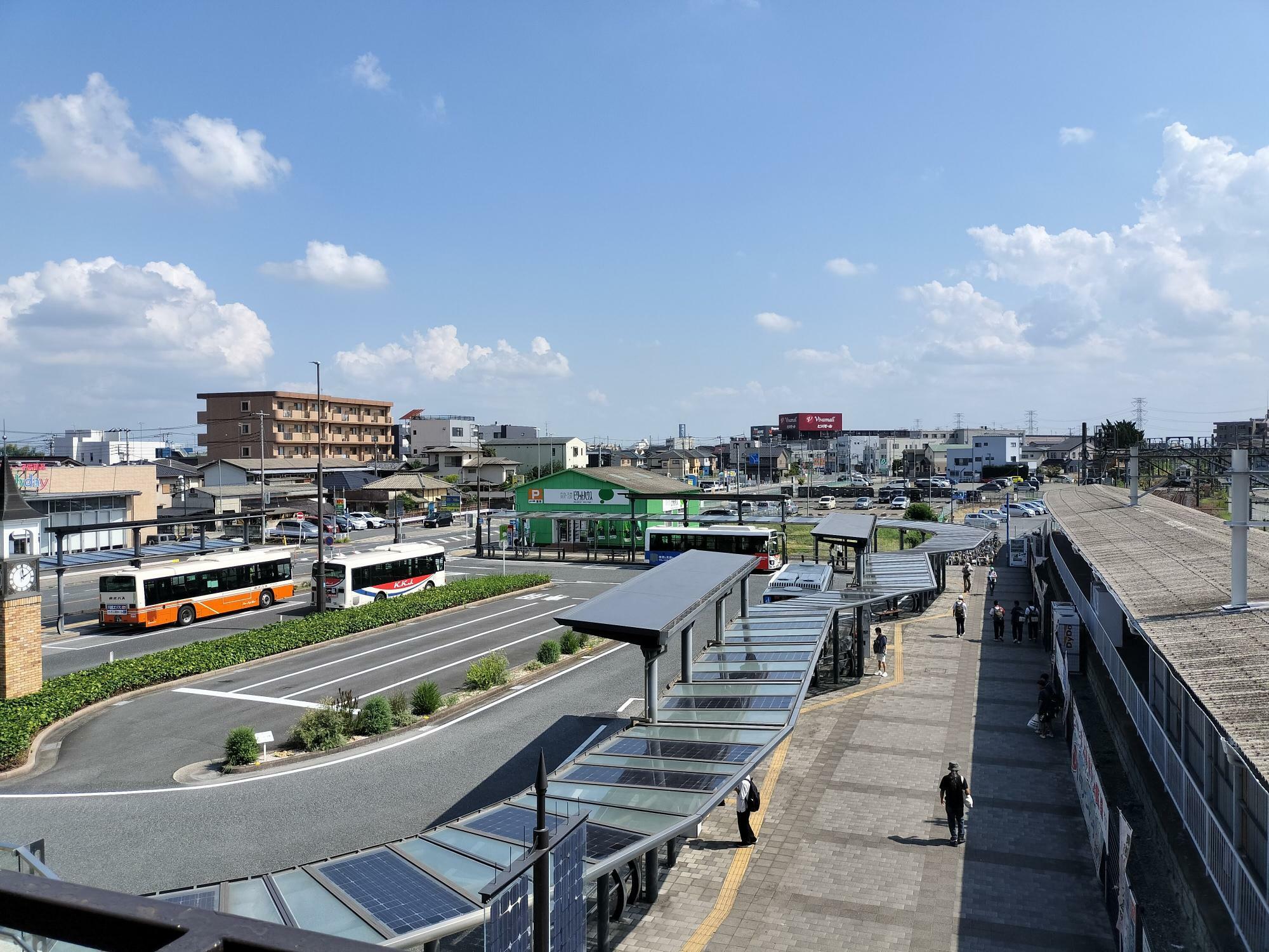 東武東上線東松山駅からホームセンターを核としたショッピングセンターが見える（画像・筆者）