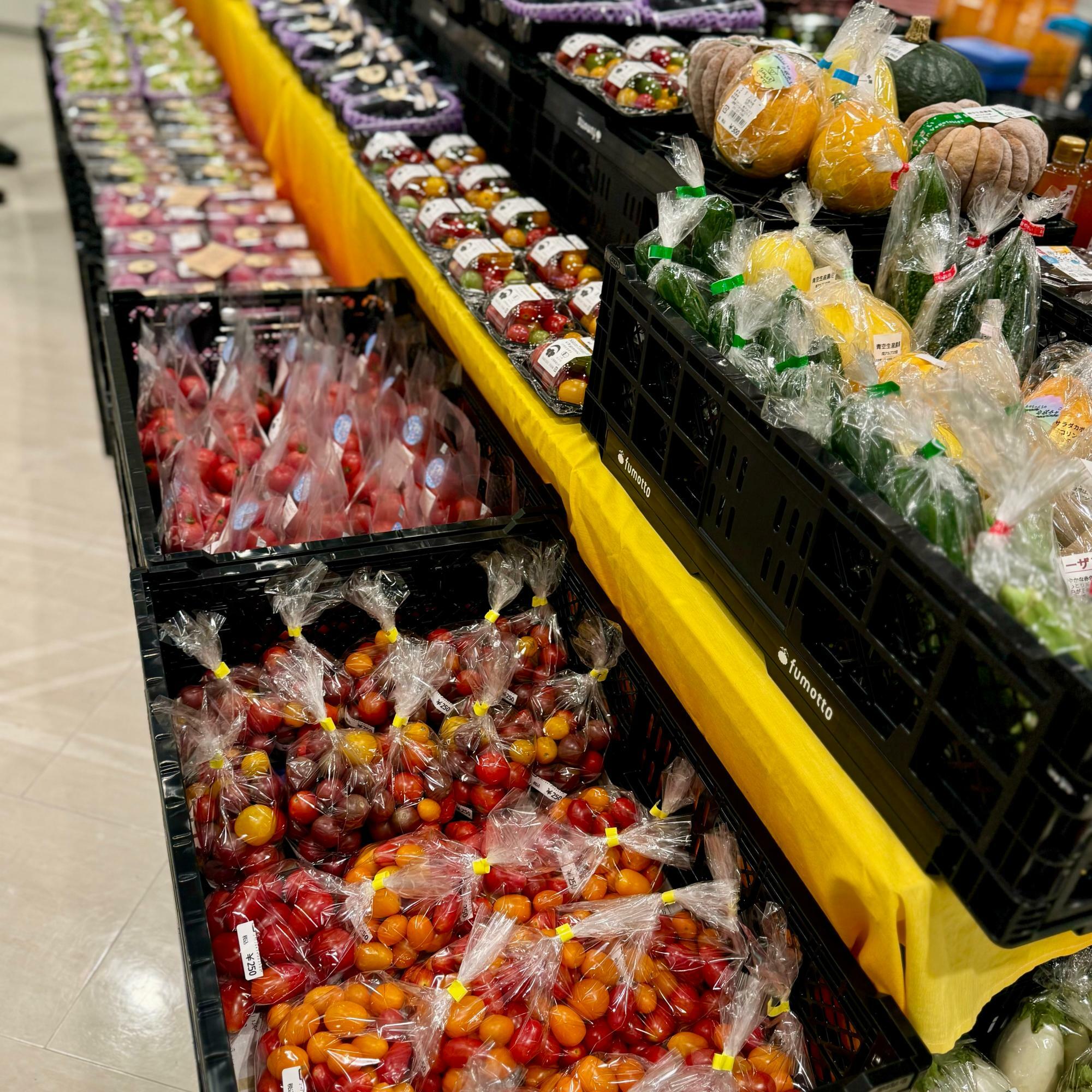 南アルプス市のイベントに並んだ野菜や果物（提供写真）