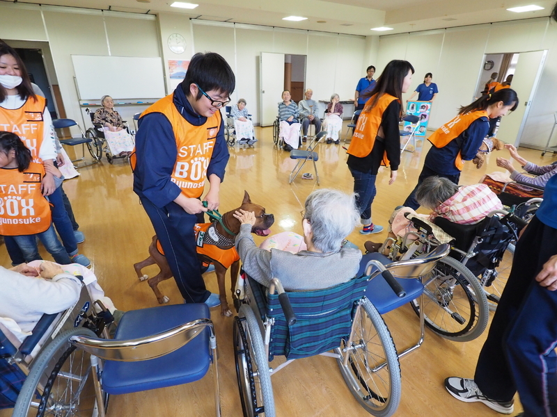 アニマルセラピー活動の様子（18年10月13日、熊本県内の特別養護老人ホームで。筆者撮影）