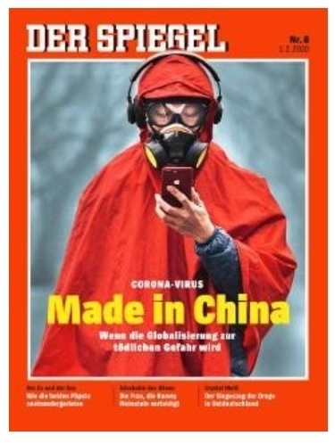 独シュピーゲル誌２月１日号の表紙。真っ赤な防護服にガスマスクを身につけ、iPhoneを持つ東洋人らしき男性の姿を描いた