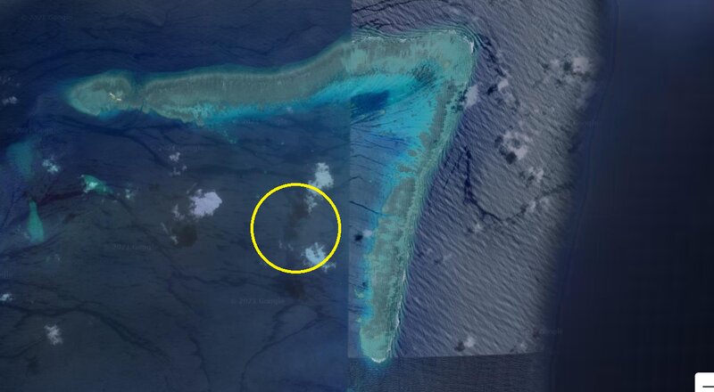 Google Earthがとらえたウィットサン礁。黄色〇付近を中心に中国漁船が集結していたようだ