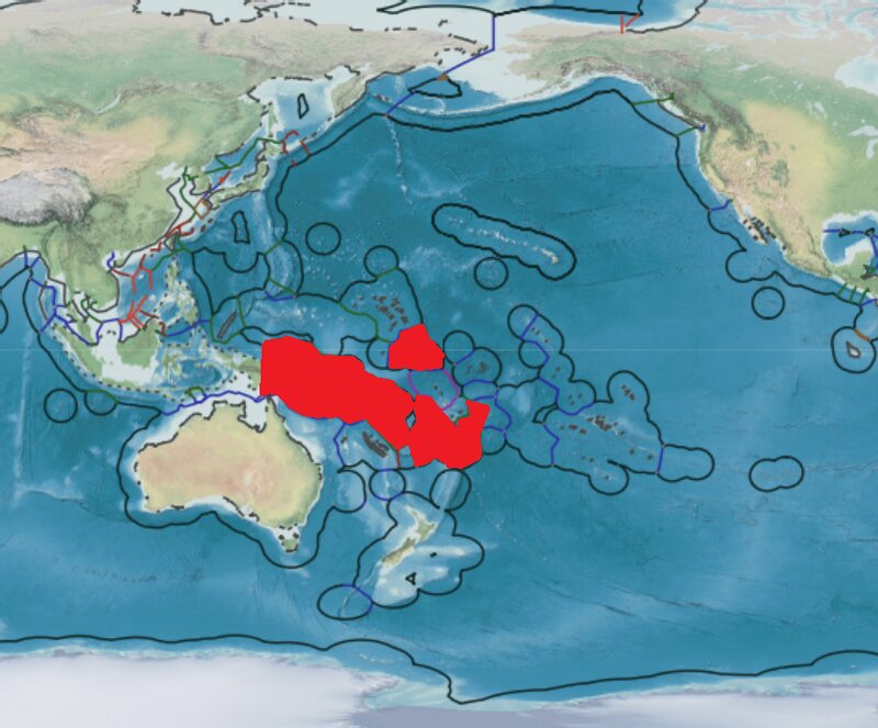 中国の王毅国務委員兼外相が歴訪した南太平洋7カ国の排他的経済水域（赤色）＝「Marine Regions」をもとに筆者作成