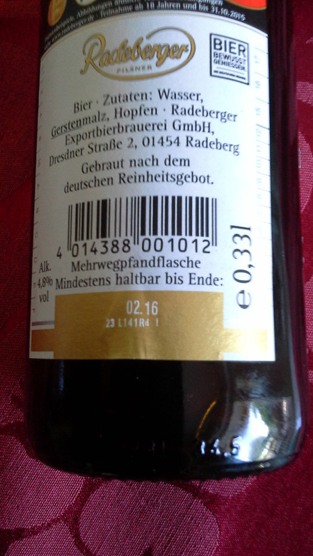 ボトルにビール純粋令（Reinheitsgebot)に則して醸造と明記されている