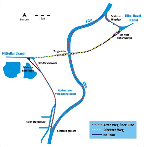 ウォーターブリッジを通ることで航路12kmの短縮が可能となった（ｃ）wasserstrassenkreuz.de 