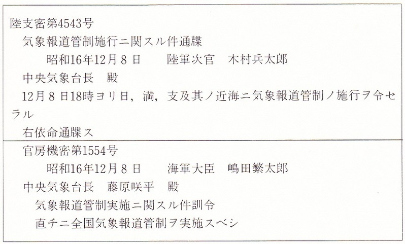 昭和16年12月８日の気象報道管制　命令文