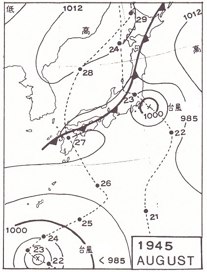 図　昭和20年8月22日18時の天気図と2つの台風の経路