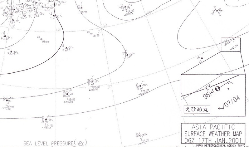 図　平成13年１月17日06UTC（日本時間15時）のアジア太平洋天気図の一部