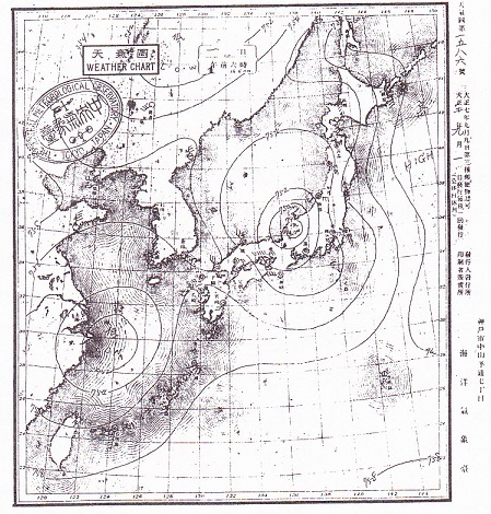 図１　神戸の海洋気象台が大正12年９月１日に作成した６時の地上天気図