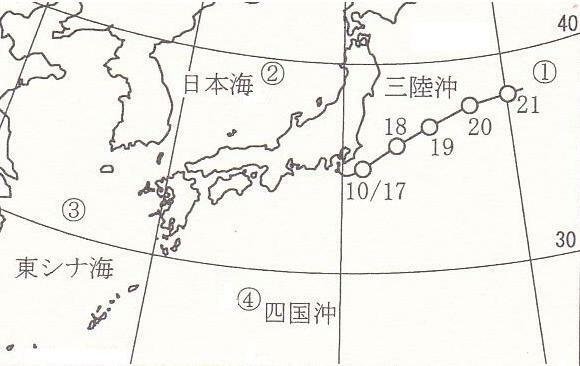 図１　予定されていた４つの定点観測位置と最初の北方定点観測に向かう「凌風丸」の航路