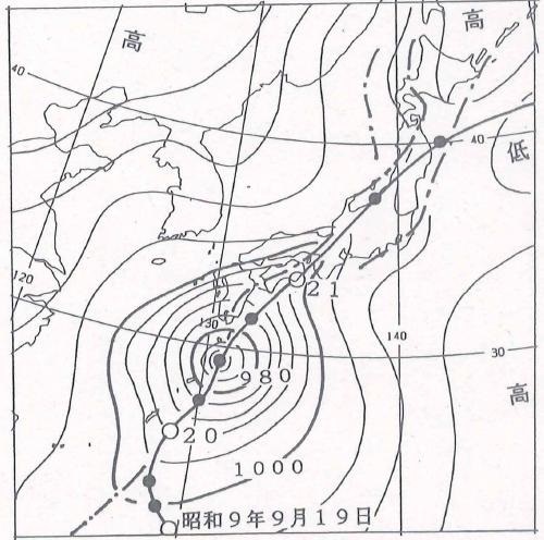 図１　室戸台風の経路図（○印は6時の位置）と昭和9年9月20日9時の地上天気図