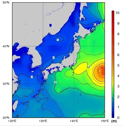 図　沿岸波浪実況図（平成27年9月20日21時、気象庁HPより）