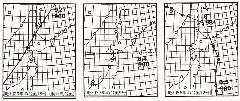 図２　北海道を襲った代表的な台風（○は9時の位置）