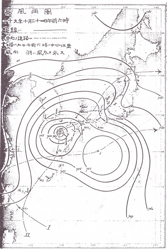 図　明治39年10月24日６時の地上天気図と台風の経路(「気象要覧」より)
