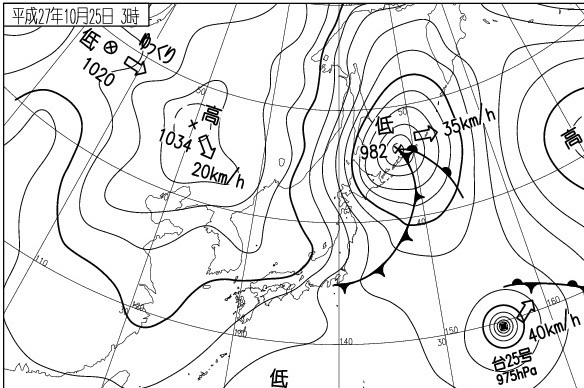 図　平成27年の「木枯らし１号」が吹いた時の天気図（10月25日3時）