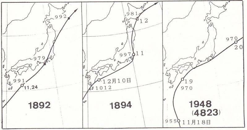 図 昭和25年以前に11月後半から12月に上陸したと解析されていた台風