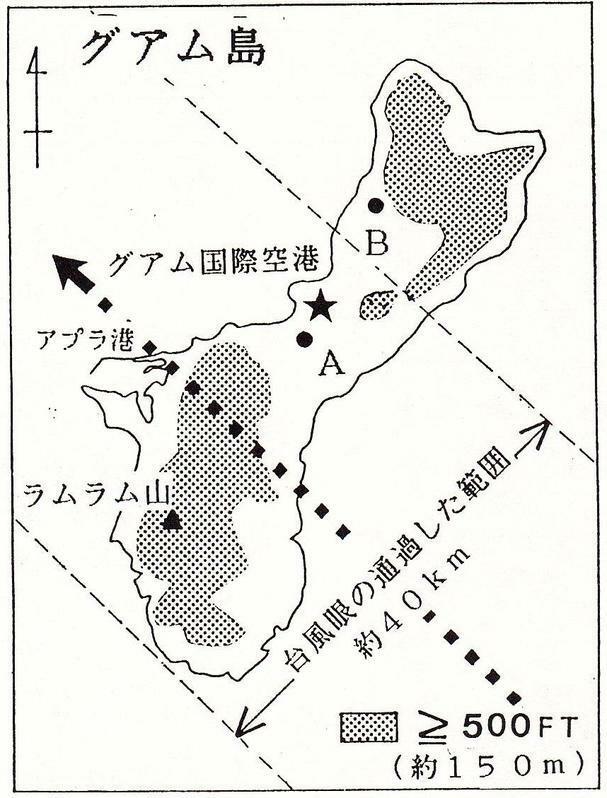 図　グアム島と昭和51年の台風6号の眼