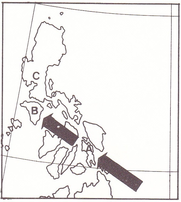 図１　米軍のフィリピン反攻戦(Aレイテ島Bミンドロ島Cルソン島)