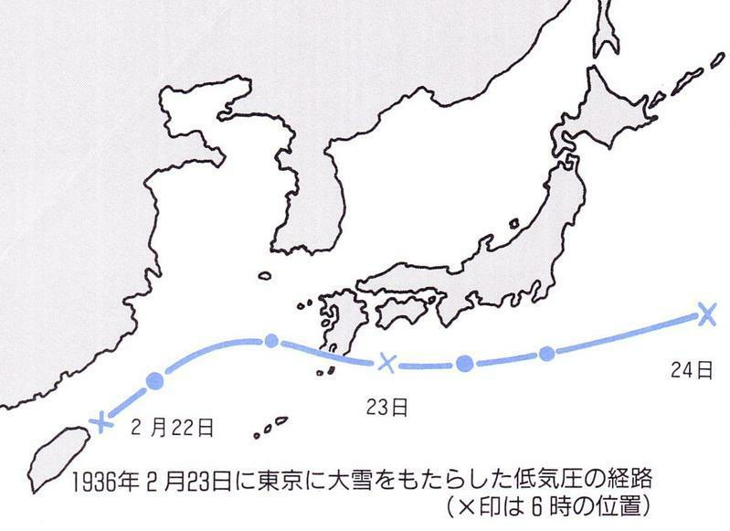 図１　昭和11年2月に東京に大雪をもたらした低気圧の経路