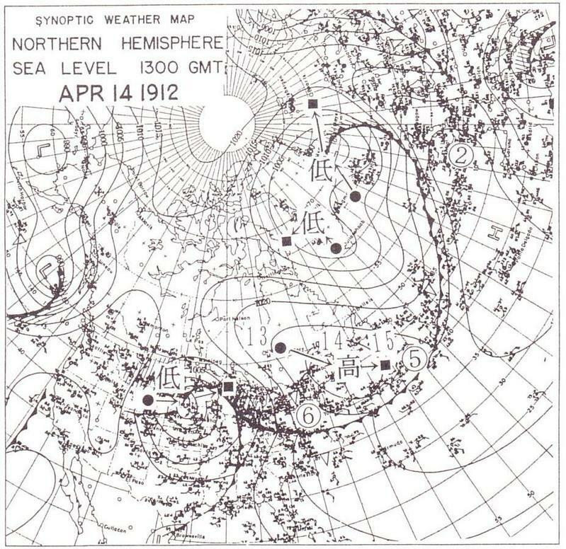 図２　タイタニック号が沈没する約半日前の地上天気図