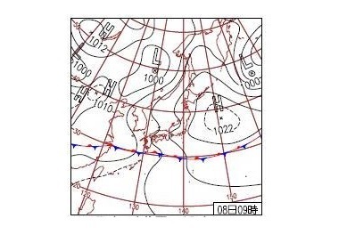 図２　沖縄が梅雨明けしたときの地上天気図（平成27年6月8日9時）