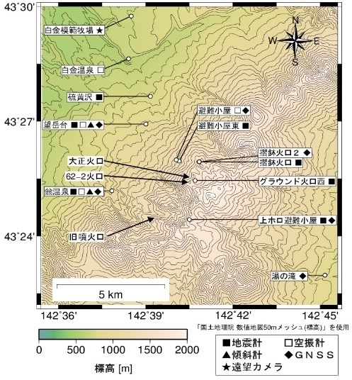図　十勝岳の観測点配置図(気象庁HPより)
